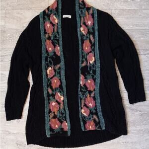 VTG Express black heavy knit floral crochet long open front sweater‎ SIZE L